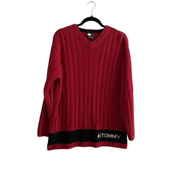 Tommy Hilfiger Men Sz L Red Long Sleeve V-Neck Pullover Heavyweight Sweater - Picture 1 of 9